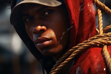 A person in a stylish red jacket and hat