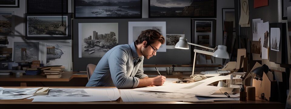 Caucasian Architect Interior Designer Male Working Late Night Working Hard Deadline In Office Workspace Busines Ideas Concept,ai Generate