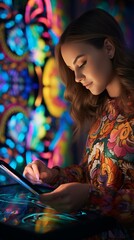 Obraz na płótnie Canvas A woman using a tablet computer in a brightly lit room