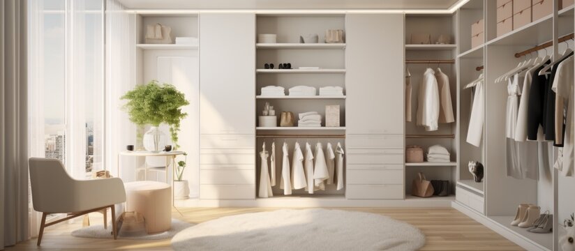 home interior design template mockup room ideas concept wioth bright white walkin closet space management with cabinet and area organize home background,ai generate