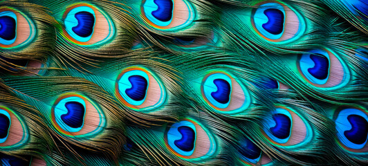 Animal bird background. Close-up of peacock feather like a pattern. Banner