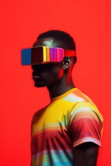 Illustration of a fashion portrait wearing a virtual reality (VR) headset.,., AI Generated.