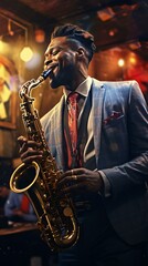 A man playing a saxophone in a stylish suit