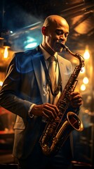 A stylish man playing a soulful saxophone solo in a sleek suit