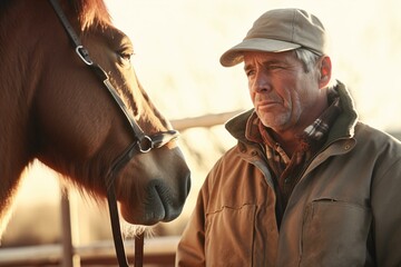 A man standing next to a brown hors