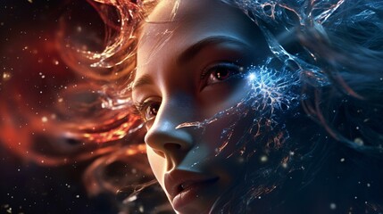 A woman's face surrounded by contrasting elements of fire and ice