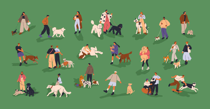 People walking with dogs. Pet owners leading cute puppies on leash. Characters with companion pups. Men, women, friends, couples strolling with doggies, canine animals. Flat vector illustrations set