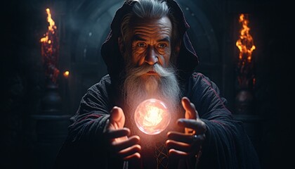 A wizard holding a glowing orb in a mystical pose