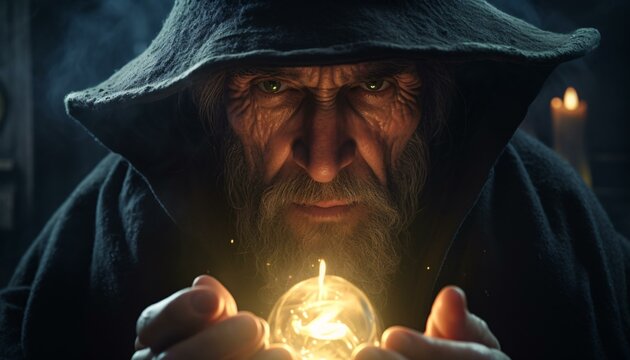 A wizard holding a crystal ball in his hands
