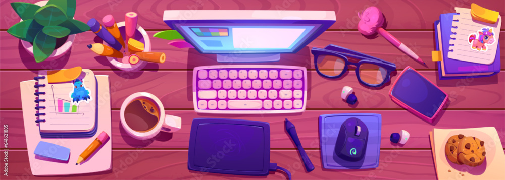 Poster office desk top view and computer monitor for work vector background. workplace flat lay illustratio