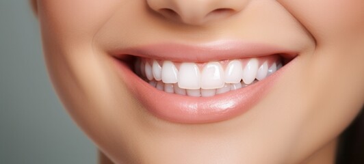 Obraz premium Banner with close-up of a beautiful smiling woman with white perfect teeth isolated on dark black