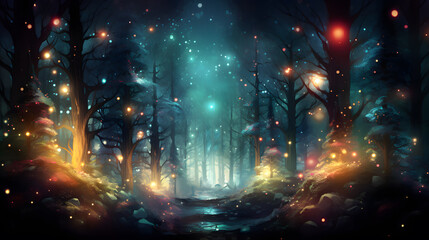Fantasy dark shiny forest with fog, trees and lights. Christmas background