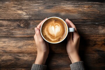 Female hands holding cup of hot latte art coffee on wooden background