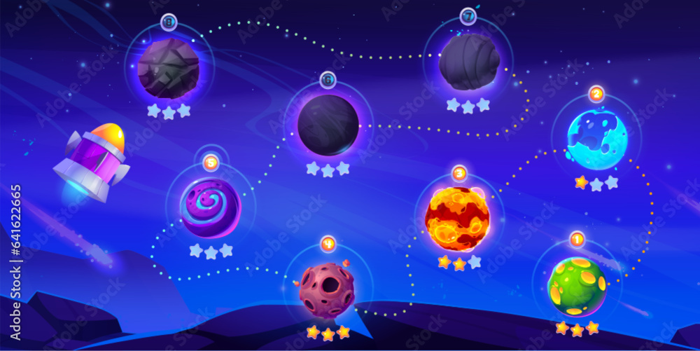Poster ui level map for galaxy space game vector cartoon. fantasy background with rocket to play mobile vid