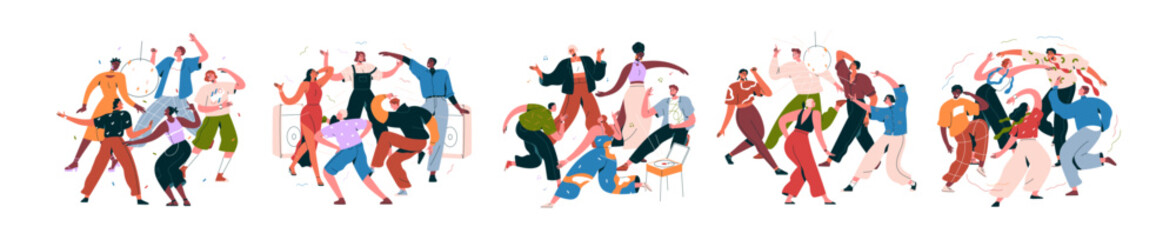 Happy people dancing at night party set. Young friends groups at disco, celebrating holiday with fun. Modern men, women at discotheque. Flat graphic vector illustrations isolated on white background
