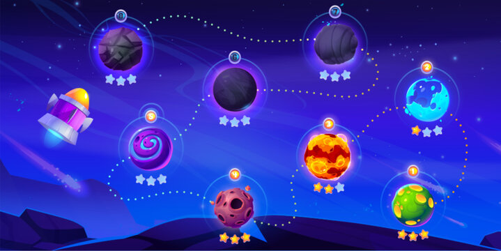 Ui level map for galaxy space game vector cartoon. Fantasy background with rocket to play mobile videogame. Online cosmos adventure on spaceship flying to asteroid system for cosmic app interface.