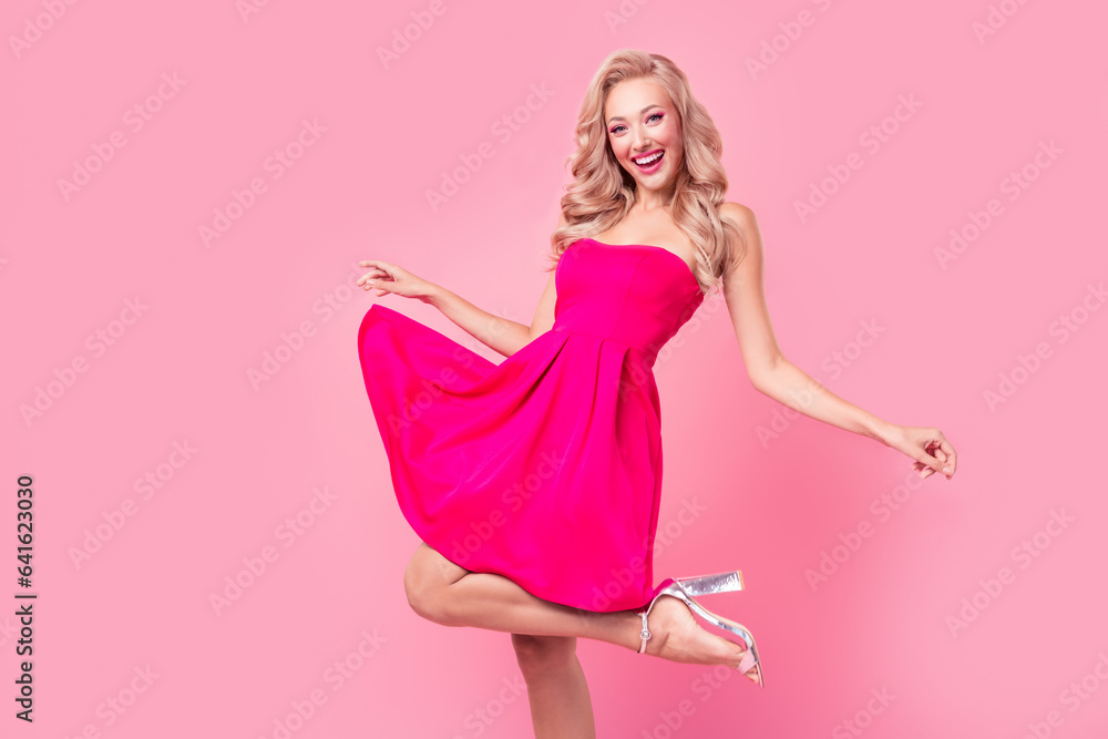 Sticker Photo of overjoyed cheerful lovely elegant lady enjoy dancing chilling isolated on bright pink color background