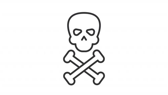 Skull and crossbones animated icon. Dangerous situation line animation. Toxic substance. Warning sign. Metal music. Black illustration on white background. HD video with alpha channel. Motion graphic