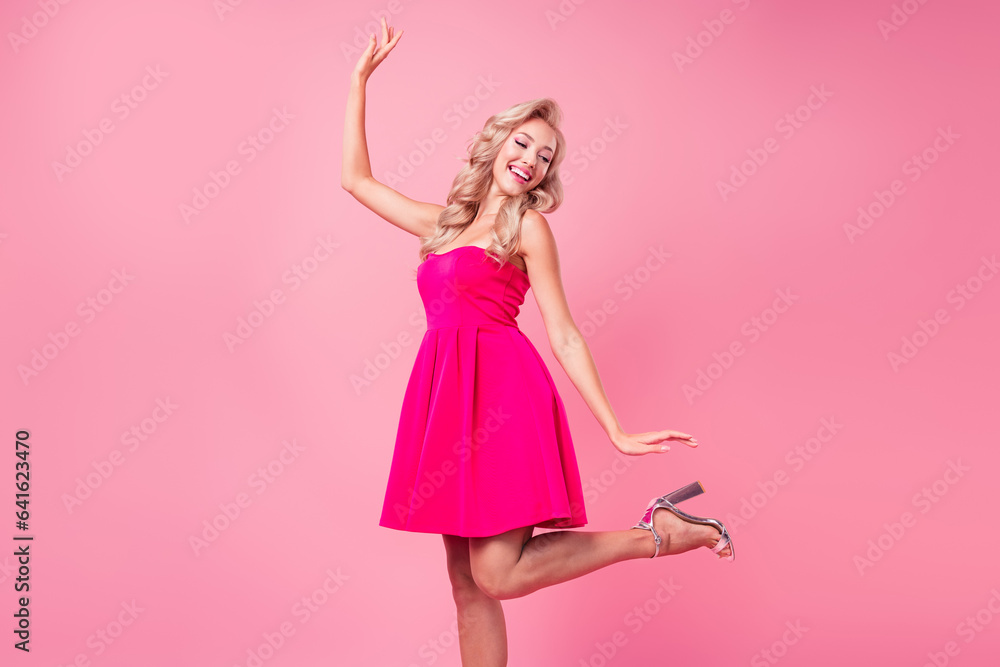 Poster photo of adorable pretty lady wear trendy bright clothes have fun good mood birthday party isolated 