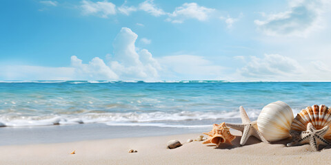 Fototapeta na wymiar Art summer holiday on tropical sea sandy beach; banner design with copy space