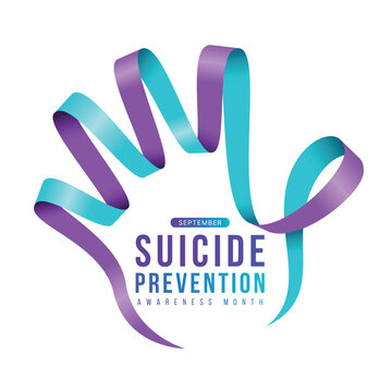 Suicide prevention awareness month text in Teal and purple ribbon awareness sign with roll waving to hand stop shape vector design