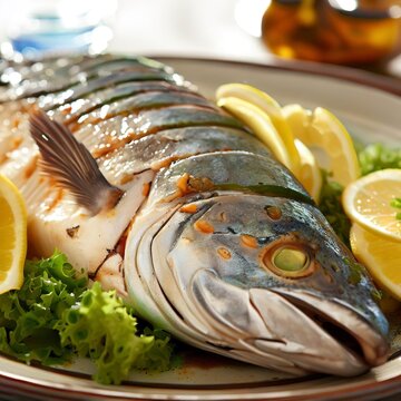 View of mahi-mahi fish dish with lemon slices