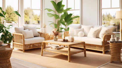 A living room with rattan furniture in neutral colors, such as beige, brown, and white.  Interior design using rattan furniture and neutral color concept