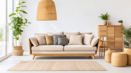 A mid-century modern living room with a rattan sofa and a geometric rug. Interior design using rattan furniture and neutral color concept.