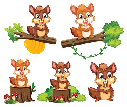 Cute Squirrel Cartoon in Nature with Tree Branch and Log