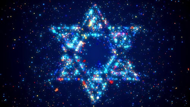 Abstract Religion Blue Colorful Shiny twinkle Star Of David Judaism Symbol Dotted Lines Silhouette With Glitter Sparkle Particles, Seamless Loop