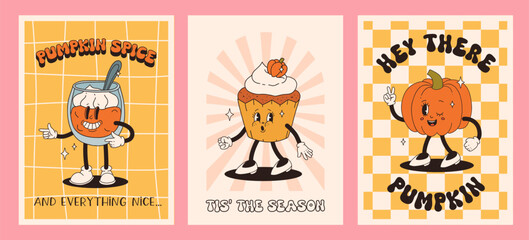 Funny Retro cartoon Pumpkin Character in groovy 50s, 60s, 70s Vintage Style. Happy Autumn mascot with pumpkin spice latte, pumpkin pie, pudding, cake, cupcake, waffles, donut and coffee.