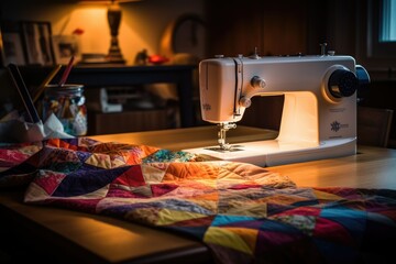 This workspace showcases a vibrant modern quilt in progress, with scattered fabric scraps and a detailed sewing machine. Under warm and inviting soft lighting, this workspace maximizes c Generative AI