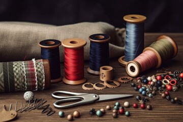 This retro sewing item set includes tailoring scissors, a cutting knife, a thimble, wooden thread spools, a cushion with pins, fabrics, and sewing accessories.

 Generative AI