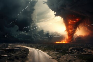 Conceptual image with tornado and lightning above the road. 3d rendering
 Generative AI