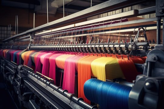 This photo displays colored silk threads wound on machines in a textile workshop.

 Generative AI