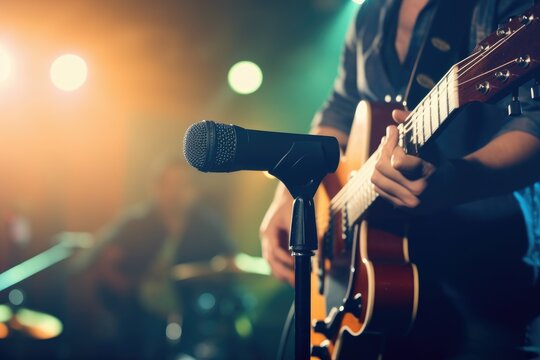 This is an image of a guitarist performing on stage with a microphone, with a soft and blurred background effect.

 Generative AI