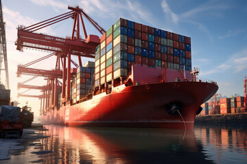 container cargo ship on loading in port, commercial business concept, product delivery