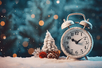 Retro alarm clock in snow with Christmas tree and cones on bokeh background