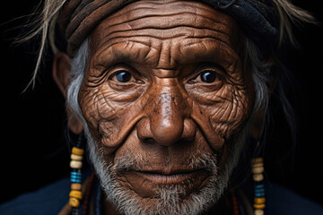Portrait of an old American Indian male with deep wrinkles