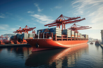 Fototapeta premium container cargo ship on loading in port, commercial business concept, product delivery