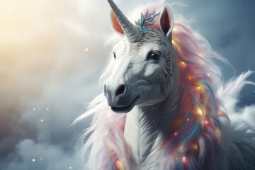 fabulous unicorn in the clouds in the sky. copy space for text