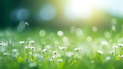 Fototapeta na wymiar Defocused Springtime Backgrounds, Fresh Green Field Grass against Sunny Sky