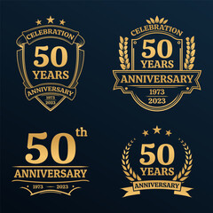 50 years anniversary icon or logo set. Vintage birthday banner design. 50th anniversary jubilee celebration golden badge or label collection. Vector illustration. - obrazy, fototapety, plakaty
