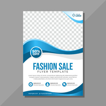 Fashion sale flyer template with blue wave