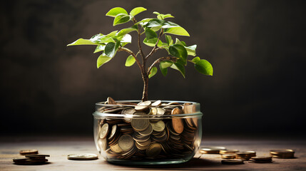 concept, Growing money tree, Plant growing in Coins glass jar for money saving investment