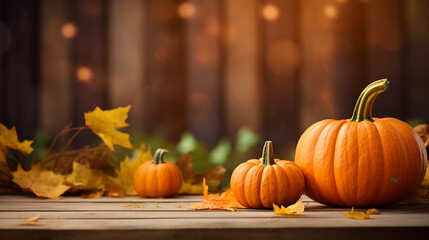 Thanksgiving Pumpkins on a Wooden Floor, abstract background