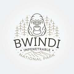 bwindi impenetrable national park line art logo, gorilla face and forest vector illustration design