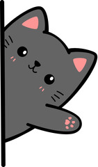 Black cat sneak behind wall waving hand flat cartoon doodle element