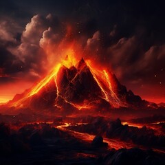 Night landscape with volcano and burning lava. Volcano eruption, fantasy landscape. 3D illustration