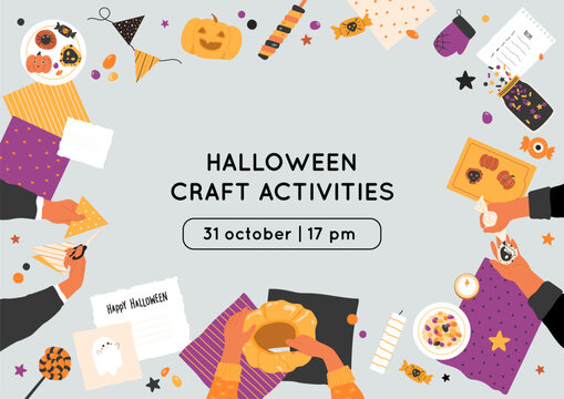 Halloween craft activities banner with text template. Party decoration preparation, event invitation template. Hands top view create cookies, pumpkin carving, bunting cut out. Celebration concept.
